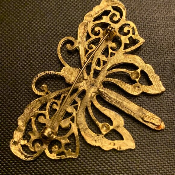 Designer Mid Century Arthur Pepper Yellow Pink Brown Gold Tone Butterfly Brooch - Picture 2 of 2
